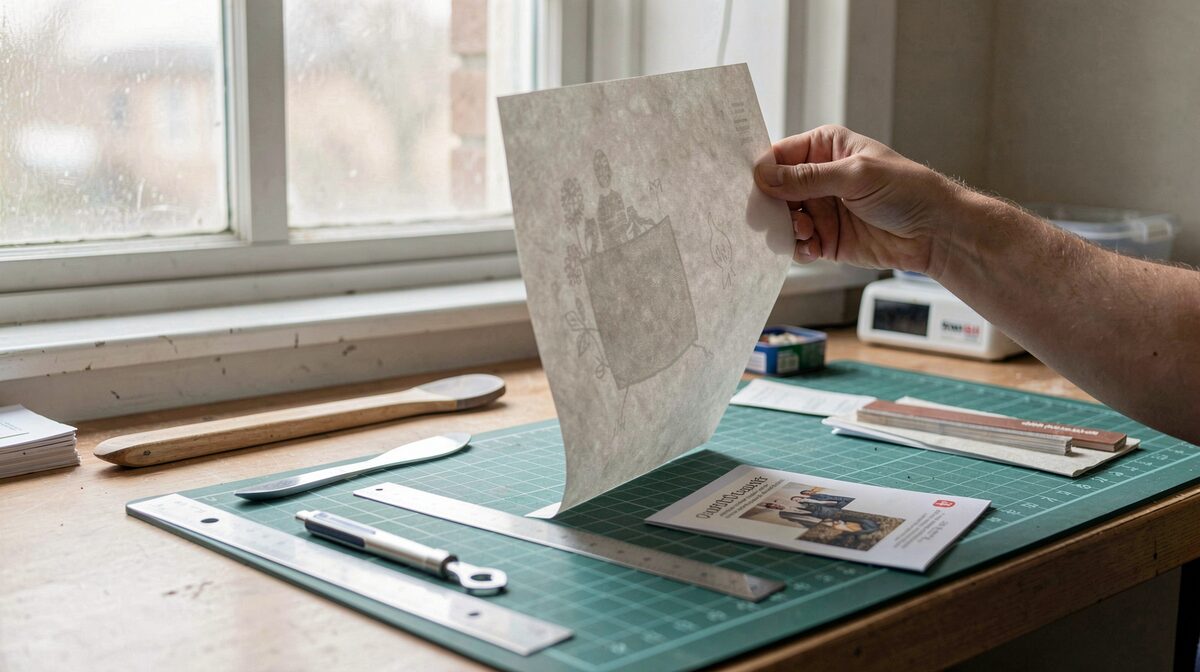 A bindery bench under a north-facing window, with a folded sheet held up to the light to read its grain, a bone folder, a steel rule and a small pamphlet in progress on the cutting mat.