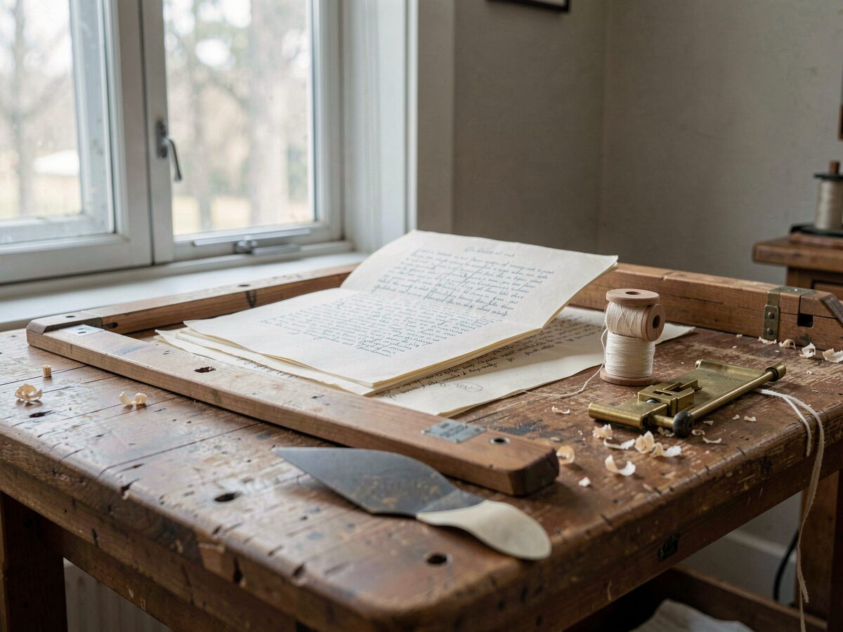 A bindery bench under a north window: a folded quarto signature held open on a sewing frame, a spool of linen thread, a bone folder and a brass type gauge within reach on the boards.