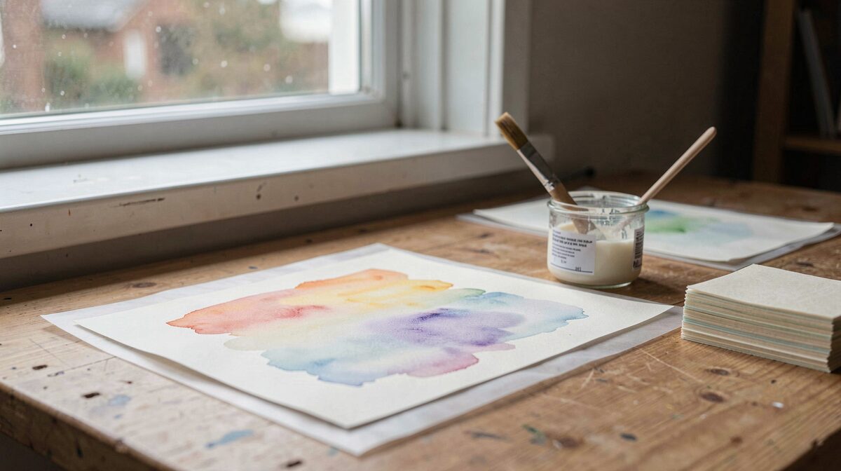 A bindery bench under a north-facing window, a 300 gsm watercolour sheet lying face down on a sheet of Melinex, a pot of wheat starch paste and a wide brush beside it, blotters stacked at the edge of the frame.