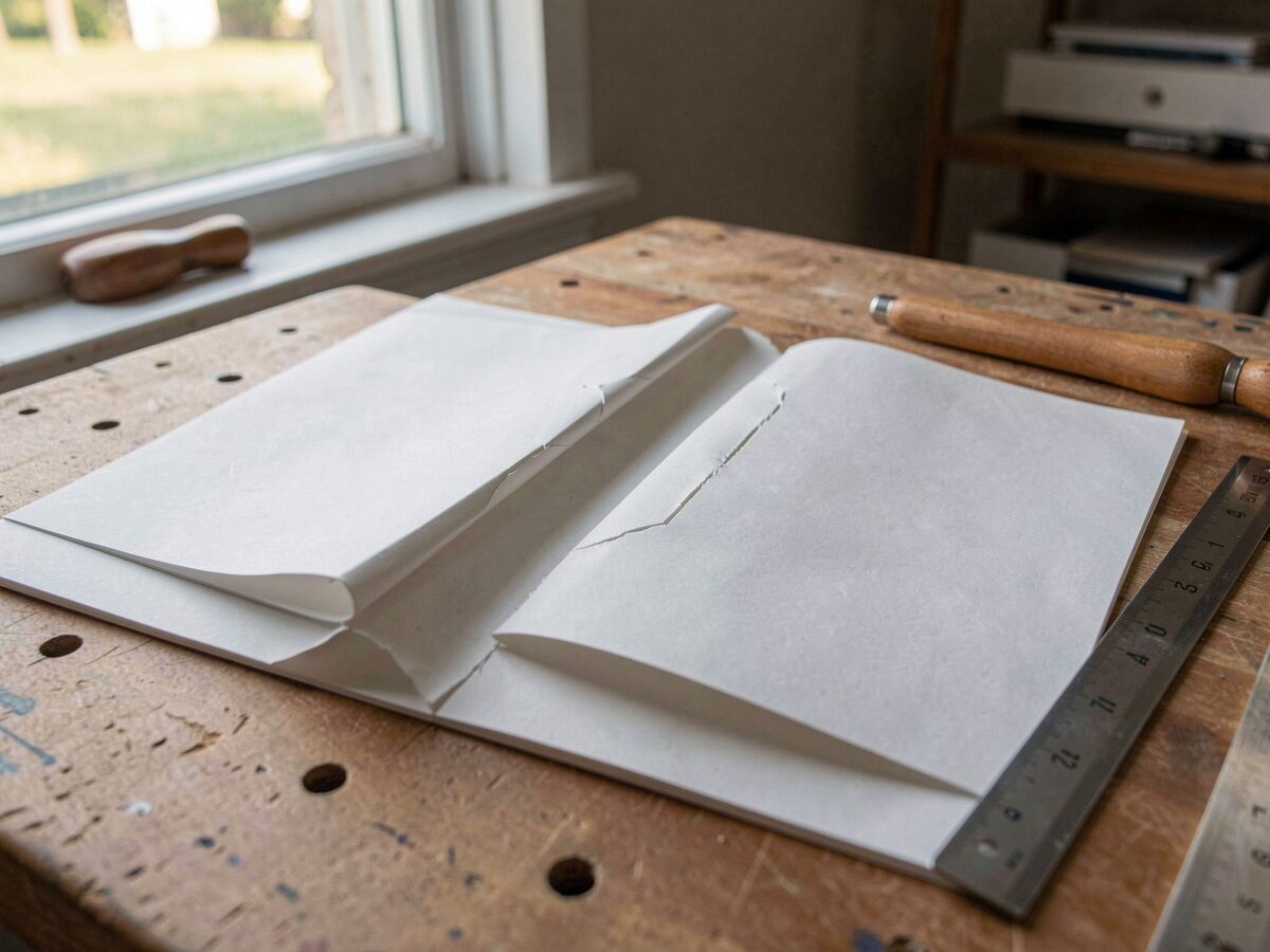 Two folds of the same sheet side by side on a bindery bench, one fold clean and one slightly cracked at the fold line, a bone folder and a steel rule beside them, daylight from a window.