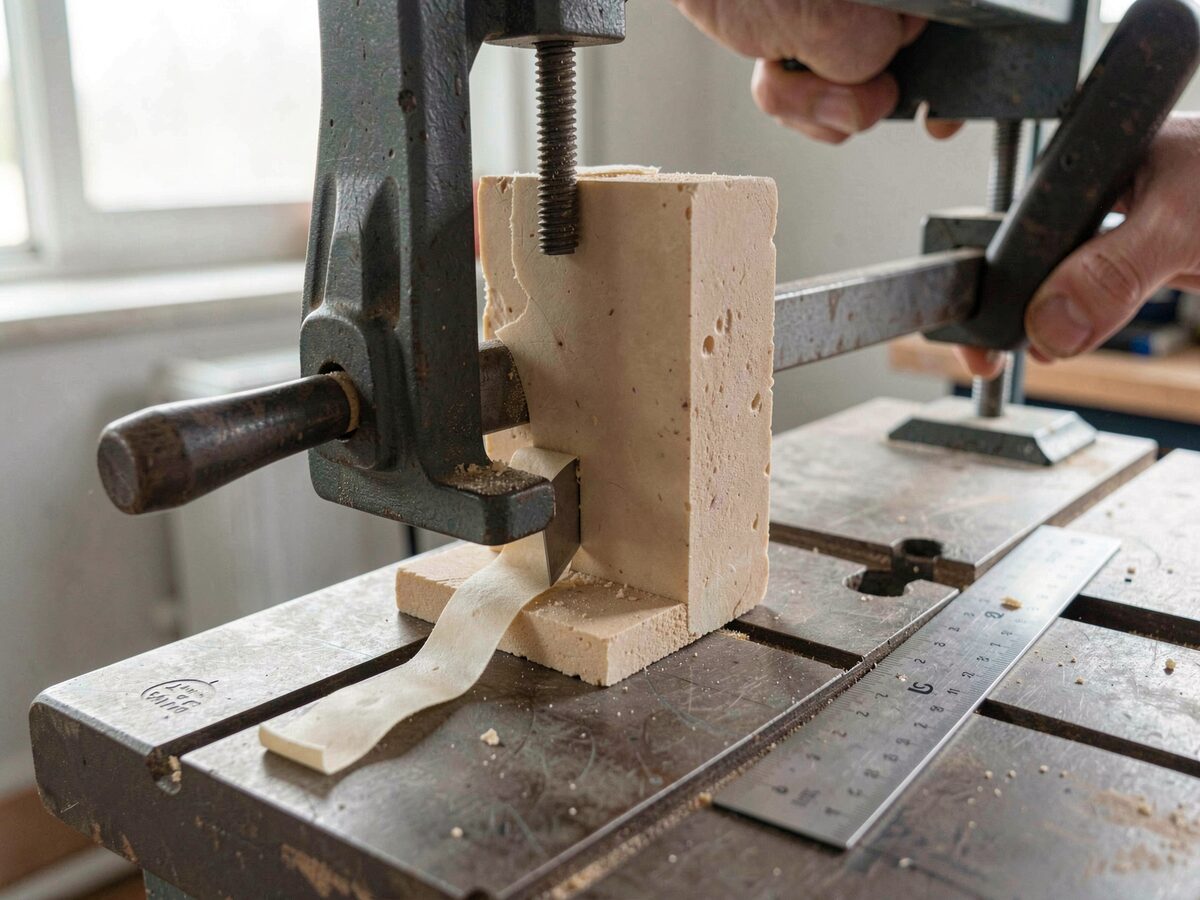 A bound block squared against the back gauge of a hand guillotine, the clamp lowered, the fore-edge under the knife with the waste strip curling away, a rule on the bed beside it.