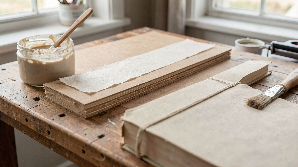 A bindery bench in daylight, a strip of kozo paper lying on a western book board, a pot of wheat starch paste and a pasting brush beside it, the spine of a half-bound book in the foreground.