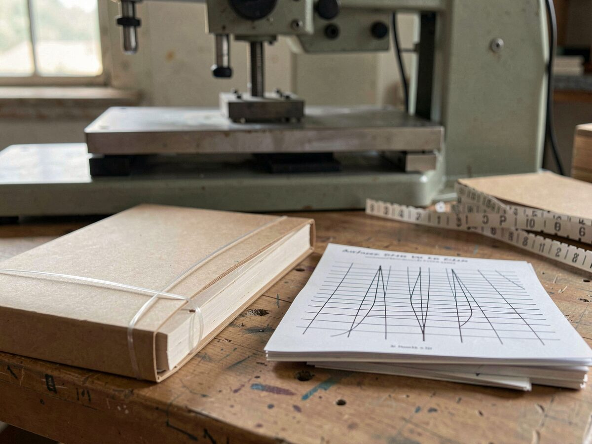 Two bound blocks side by side on a bench, one closed with a plastic coil through the margin and one opened flat on a wire pattern, a punching machine in the background with a paper strip of holes beside it.